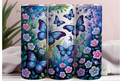 Blue Butterfly Floral 20oz Tumbler Wrap Sublimation PixelChick 