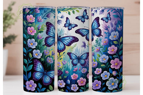 Blue Butterfly Floral 20oz Tumbler Wrap Sublimation PixelChick 