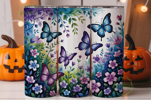 Blue Butterfly Floral 20oz Tumbler Wrap Sublimation PixelChick 
