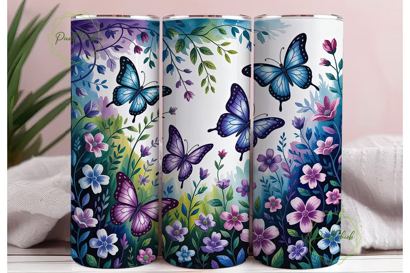 Blue Butterfly Floral 20oz Tumbler Wrap Sublimation PixelChick 