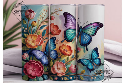 Blue Butterfly Floral 20oz Tumbler Wrap Sublimation sassyprint 