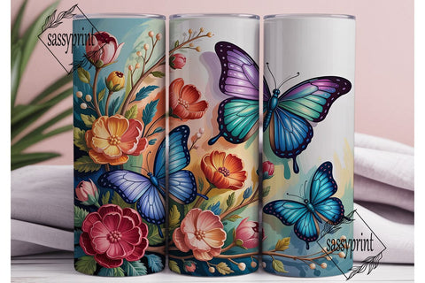 Blue Butterfly Floral 20oz Tumbler Wrap Sublimation sassyprint 
