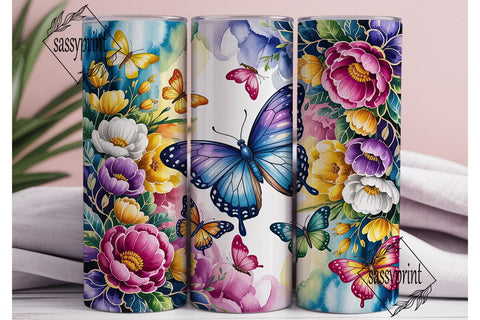Blue Butterfly Floral 20oz Tumbler Wrap Sublimation sassyprint 
