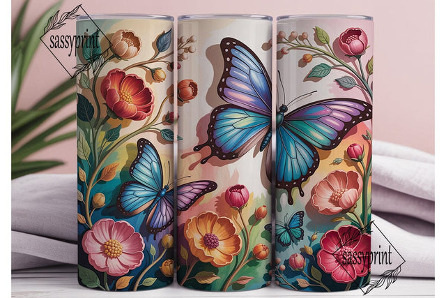 Blue Butterfly Floral 20oz Tumbler Wrap Sublimation sassyprint 