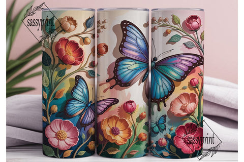 Blue Butterfly Floral 20oz Tumbler Wrap Sublimation sassyprint 