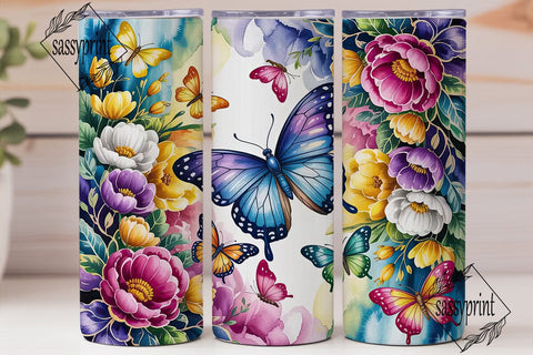 Blue Butterfly Floral 20oz Tumbler Wrap Sublimation sassyprint 