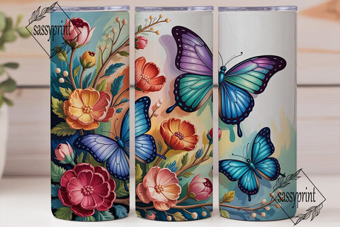 Blue Butterfly Floral 20oz Tumbler Wrap Sublimation sassyprint 
