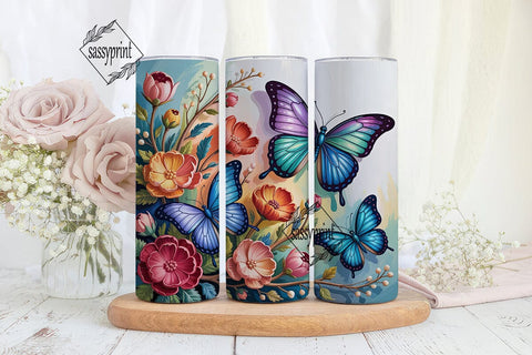 Blue Butterfly Floral 20oz Tumbler Wrap Sublimation sassyprint 