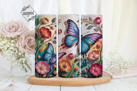 Blue Butterfly Floral 20oz Tumbler Wrap Sublimation sassyprint 