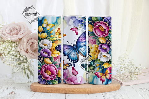 Blue Butterfly Floral 20oz Tumbler Wrap Sublimation sassyprint 