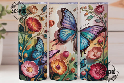 Blue Butterfly Floral 20oz Tumbler Wrap Sublimation sassyprint 
