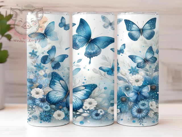 Blue Butterfly Floral 20oz Vibrant Tumbler Wrap, Elegant Blue Flowers Sublimation, Watercolor Butterfly 20oz Wrap, Seamless Floral Design, Vibrant Blue Tumbler, Delicate Butterfly Sublimation Lara' s Designs 