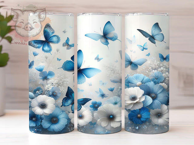 Blue Butterfly Floral 20oz Vibrant Tumbler Wrap, Elegant Blue Flowers Sublimation, Watercolor Butterfly 20oz Wrap, Seamless Floral Design, Vibrant Blue Tumbler, Delicate Butterfly Sublimation Lara' s Designs 