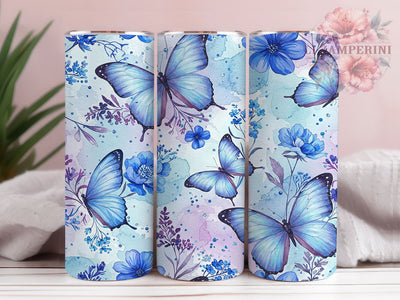 Blue Butterfly Floral Glitter Tumbler, Floral Tumbler, Glitter Tumbler, Blue Aesthetic Tumbler, Nature Tumbler, 20oz Sublimation Wrap, Elegant Tumbler Sublimation Li Zamperini 