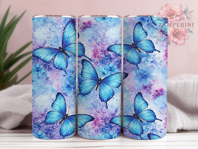 Blue Butterfly Floral Glitter Tumbler, Floral Tumbler, Glitter Tumbler, Blue Aesthetic Tumbler, Nature Tumbler, 20oz Sublimation Wrap, Elegant Tumbler Sublimation Li Zamperini 