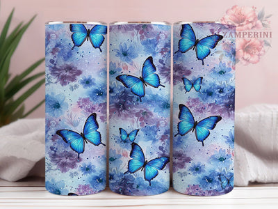 Blue Butterfly Floral Glitter Tumbler, Floral Tumbler, Glitter Tumbler, Blue Aesthetic Tumbler, Nature Tumbler, 20oz Sublimation Wrap, Elegant Tumbler Sublimation Li Zamperini 