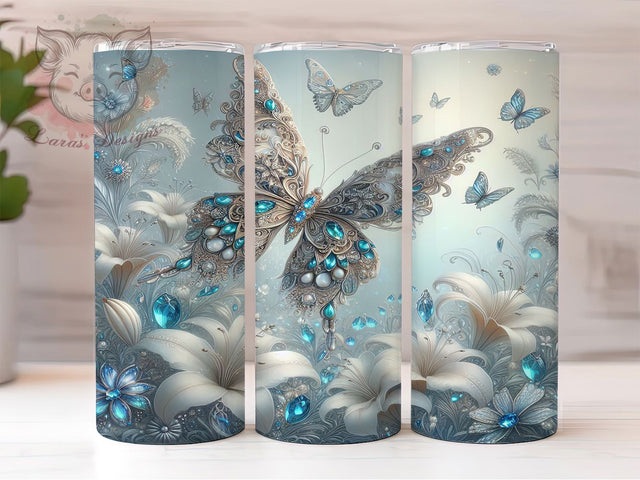 Blue Butterfly Floral Tumbler, White Lilies Tumbler, Floral 20oz Wrap, Sublimation Design, Elegant Gift Idea, Whimsical Butterfly Wrap, Stylish Floral Tumbler Sublimation Lara' s Designs 