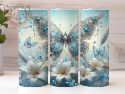 Blue Butterfly Floral Tumbler, White Lilies Tumbler, Floral 20oz Wrap, Sublimation Design, Elegant Gift Idea, Whimsical Butterfly Wrap, Stylish Floral Tumbler Sublimation Lara' s Designs 