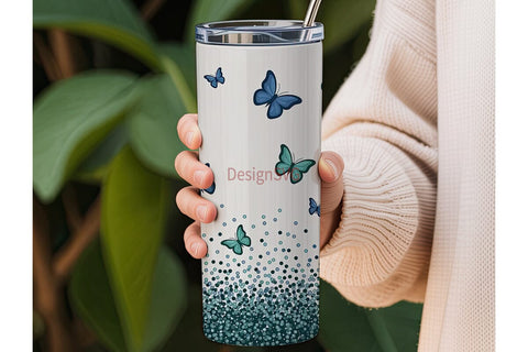 Blue Butterfly Glitter 20oz Tumbler Wrap Sublimation DesignSVG 