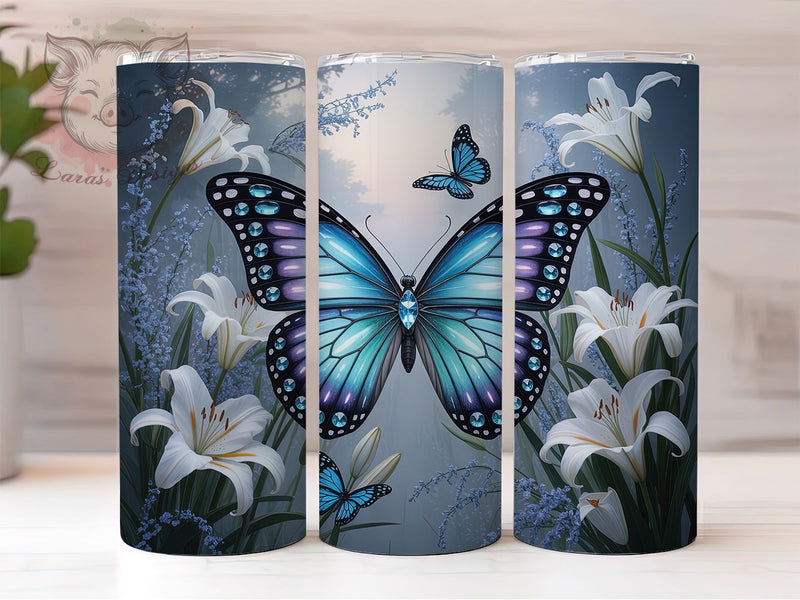 Blue Butterfly Lily Tumbler, White Lilies, Floral Art, Elegant Design, Nature Theme, Vibrant Pattern, 20Oz Tumbler Sublimation Lara' s Designs 