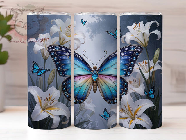 Blue Butterfly Lily Tumbler, White Lilies, Floral Art, Elegant Design, Nature Theme, Vibrant Pattern, 20Oz Tumbler Sublimation Lara' s Designs 