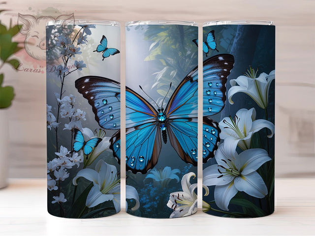Blue Butterfly Lily Tumbler, White Lilies, Floral Art, Elegant Design, Nature Theme, Vibrant Pattern, 20Oz Tumbler Sublimation Lara' s Designs 