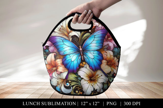 Blue Butterfly Lunch Bag Design, Stained Glass Lunch Tote Sublimation BijouBay 