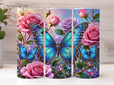 Blue Butterfly Roses 20oz Tumbler, Butterfly Motif, Rose Floral, Blue Design, Elegant Style, Whimsical Charm, 20oz Wrap, Sublimation Tumbler Sublimation Lara' s Designs 
