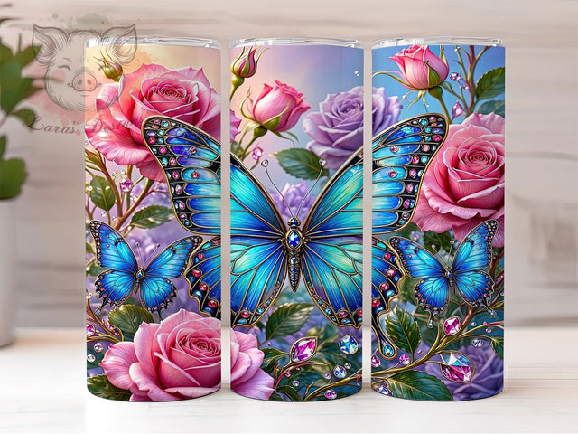 Blue Butterfly Roses 20oz Tumbler, Butterfly Motif, Rose Floral, Blue Design, Elegant Style, Whimsical Charm, 20oz Wrap, Sublimation Tumbler Sublimation Lara' s Designs 