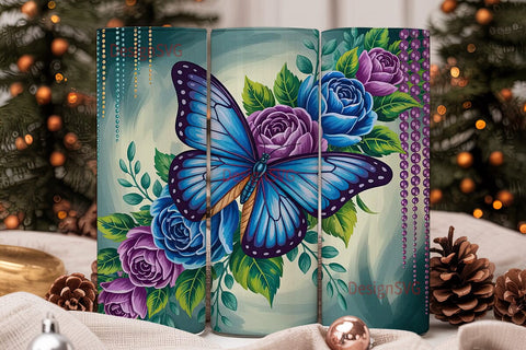 Blue Butterfly & Roses 20oz Tumbler Wrap Sublimation DesignSVG 