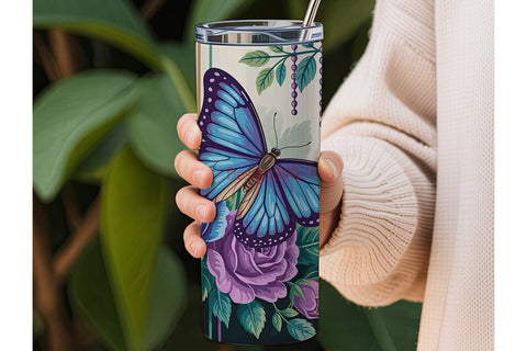 Blue Butterfly & Roses 20oz Tumbler Wrap Sublimation DesignSVG 
