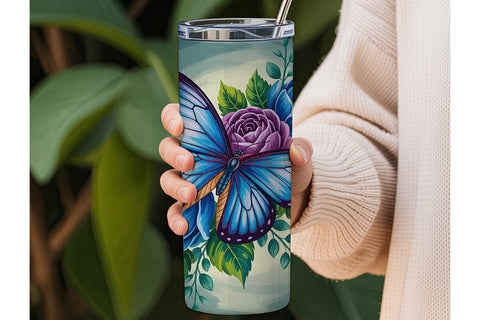 Blue Butterfly & Roses 20oz Tumbler Wrap Sublimation DesignSVG 