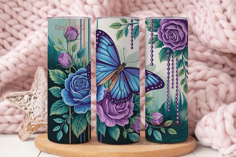 Blue Butterfly & Roses 20oz Tumbler Wrap Sublimation DesignSVG 