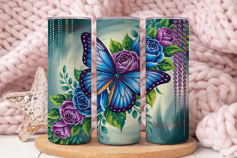 Blue Butterfly & Roses 20oz Tumbler Wrap Sublimation DesignSVG 