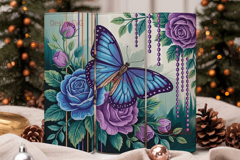 Blue Butterfly & Roses 20oz Tumbler Wrap Sublimation DesignSVG 