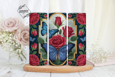 Blue Butterfly & Roses 20oz Tumbler Wrap Sublimation sassyprint 