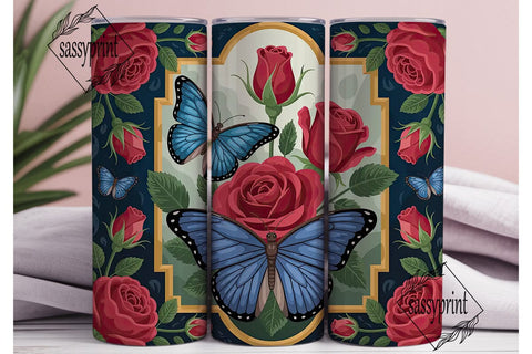 Blue Butterfly & Roses 20oz Tumbler Wrap Sublimation sassyprint 