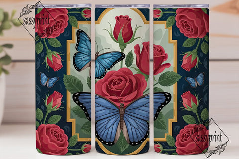 Blue Butterfly & Roses 20oz Tumbler Wrap Sublimation sassyprint 
