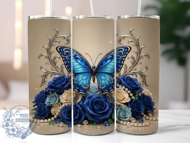 Blue Butterfly Sapphire Wings 20oz Tumbler, Sapphire Wings, Diamond Sparkle, Silver Filigree, Luxury Design, Skinny Tumbler, Sublimation PNG Sublimation ToriDesigns 