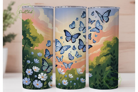 Blue Butterfly Sunset 20oz Tumbler Wrap Sublimation PixelChick 