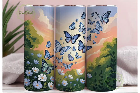 Blue Butterfly Sunset 20oz Tumbler Wrap Sublimation PixelChick 