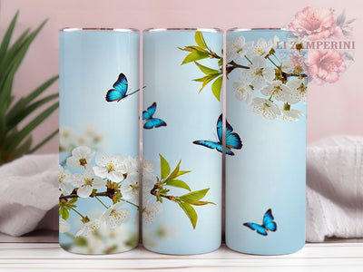 Blue Butterfly White Floral 20oz Tumbler, Butterfly Tumbler Wrap, 20oz Tumbler Design, Sublimation Tumbler Wrap, Elegant Butterfly Wrap, Nature Tumbler Design Sublimation Li Zamperini 