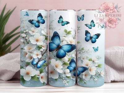 Blue Butterfly White Floral 20oz Tumbler, Butterfly Tumbler Wrap, 20oz Tumbler Design, Sublimation Tumbler Wrap, Elegant Butterfly Wrap, Nature Tumbler Design Sublimation Li Zamperini 