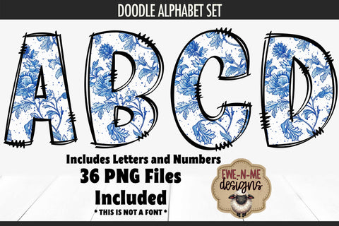 Blue Chinoiserie Doodle Alphabet Numbers | Toile Letters PNG Files Sublimation Ewe-N-Me Designs 