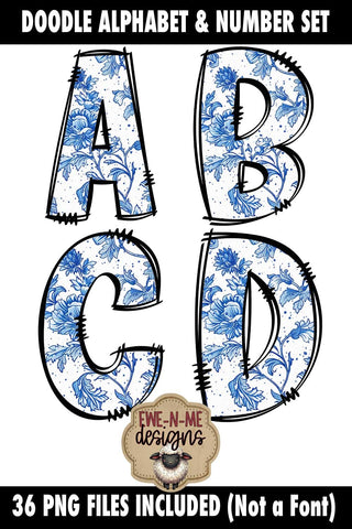 Blue Chinoiserie Doodle Alphabet Numbers | Toile Letters PNG Files Sublimation Ewe-N-Me Designs 