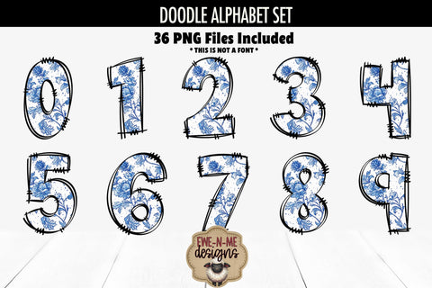 Blue Chinoiserie Doodle Alphabet Numbers | Toile Letters PNG Files Sublimation Ewe-N-Me Designs 