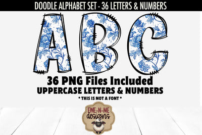 Blue Chinoiserie Doodle Alphabet Numbers | Toile Letters PNG Files Sublimation Ewe-N-Me Designs 