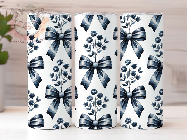 Blue Chinoiserie Ribbon Charm 20oz Tumbler, Ribbon Bows, Flowing Tails, Charming Design, Elegant Pattern, 20oz Tumbler Wrap, Sublimation PNG Sublimation Lara' s Designs 