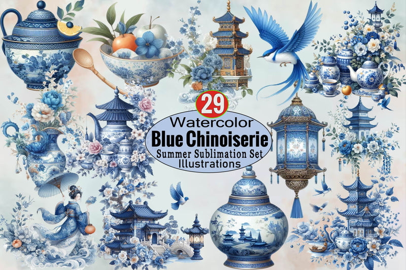 Blue Chinoiserie Summer Sublimation Set Sublimation Clipart Bundle Sublimation SVGArt 