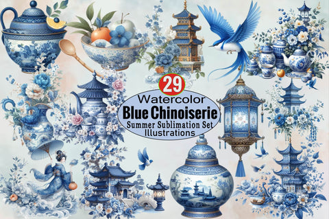 Blue Chinoiserie Summer Sublimation Set Sublimation Clipart Bundle Sublimation SVGArt 